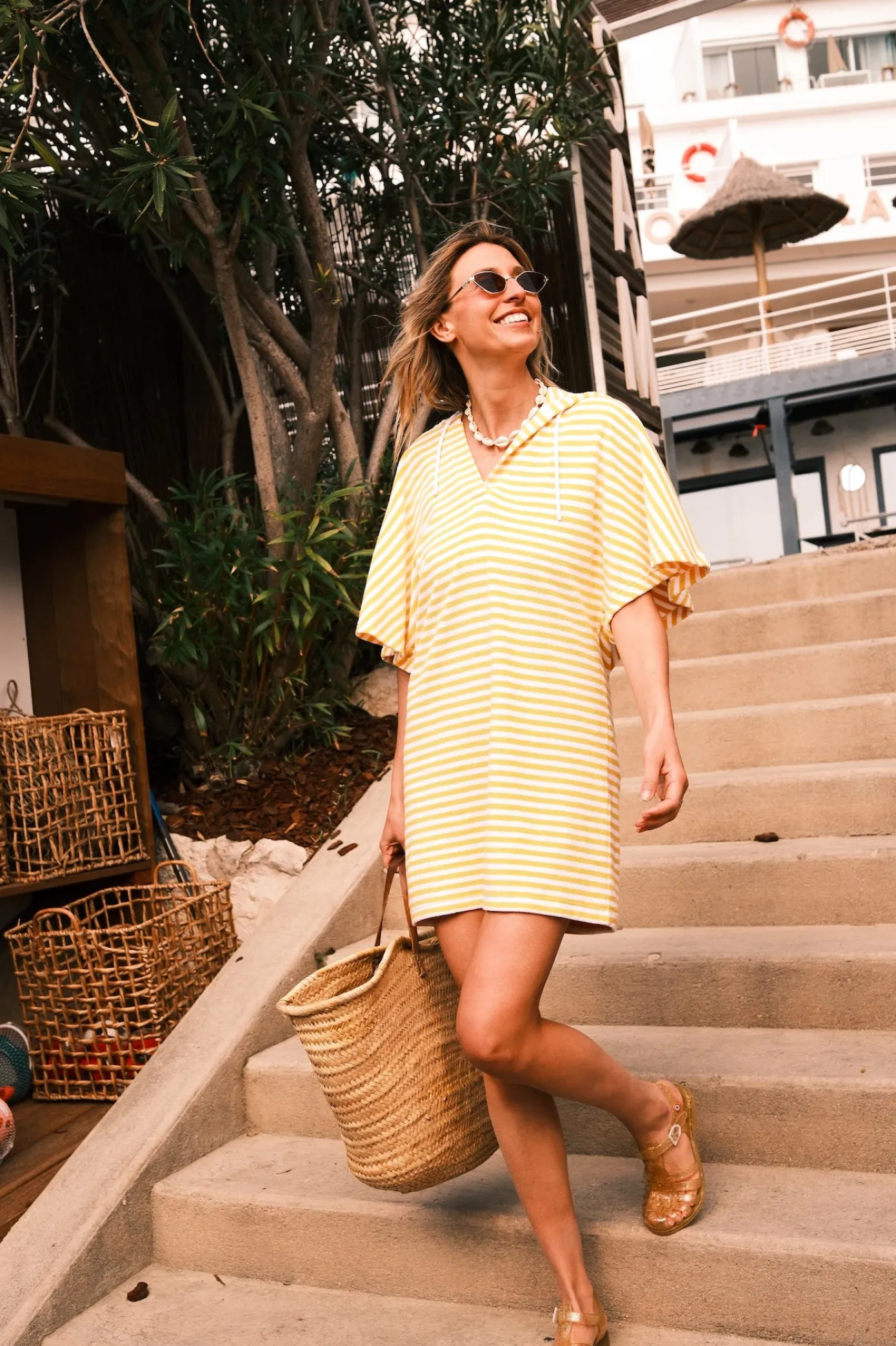 Robe éponge à capuche Jaune abeille rayé Pearl stripe