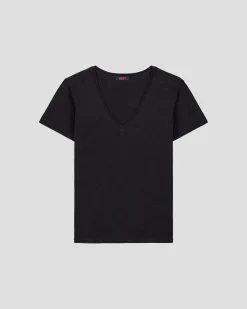 T-shirt col V femme en coton Noir Sonia