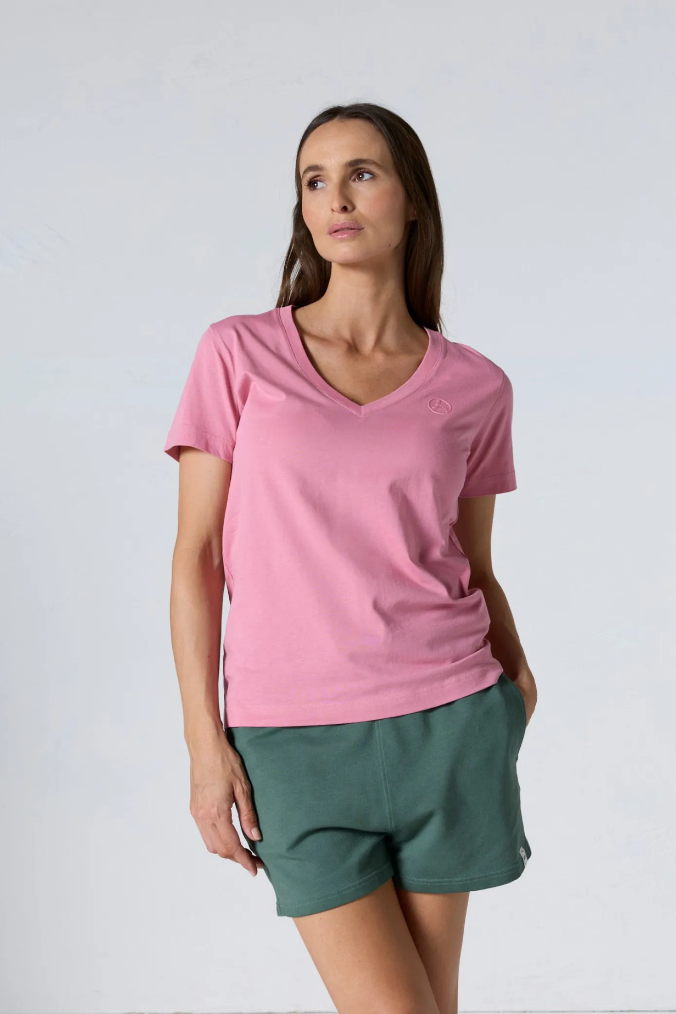 T-shirt uni col V en coton Pink antique Sofia 2.0